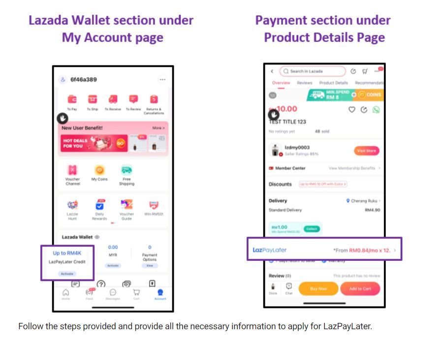 The image shows the Lazada Wallet section under My Account page and the Payment section under Product Details page. User is unable to see Lazada PayLater option in the app.