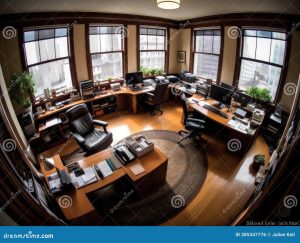 A well-organized workspace with ample natural light, ergonomic furniture, and inspiring artwork.