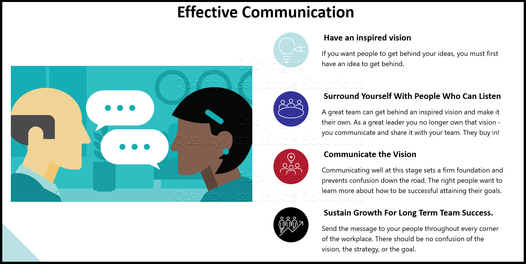 Tips for effective workplace communication: Have an inspired vision, surround yourself with people who can listen, communicate the vision, and sustain growth for long-term success.