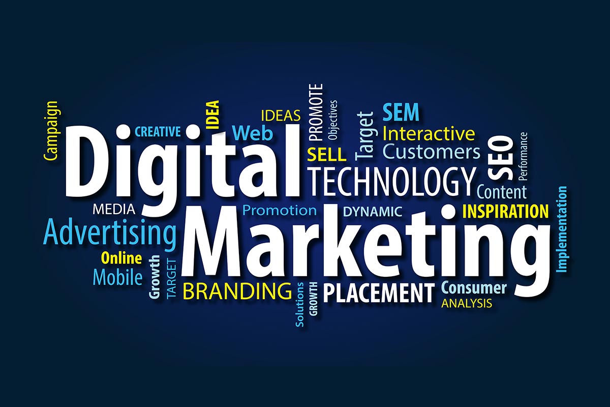 A word cloud image with various words related to digital marketing training, such as 'creative', 'technology', 'target', 'mobile', 'growth', 'analysis', etc.