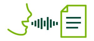 A green speech bubble with sound waves floats next to a green document with text. The image represents an app that can translate videos using artificial intelligence and speech recognition.