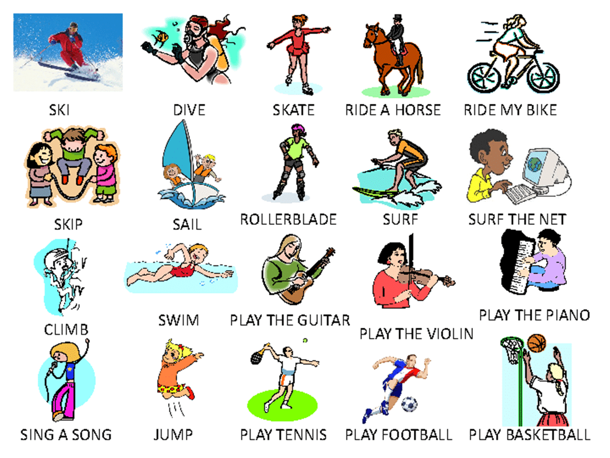 Various leisure activities icons with the words underneath each icon representing different hobbies a person can do in their free time.