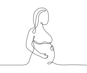 A line drawing of a pregnant woman with long hair, wearing a dress, with one hand on her belly and the other holding her breast.