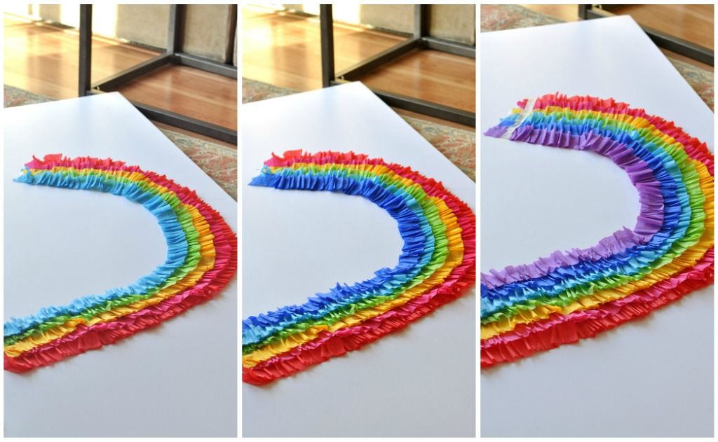 Three images show the steps of making a rainbow backdrop for a birthday party using colorful crepe streamers.