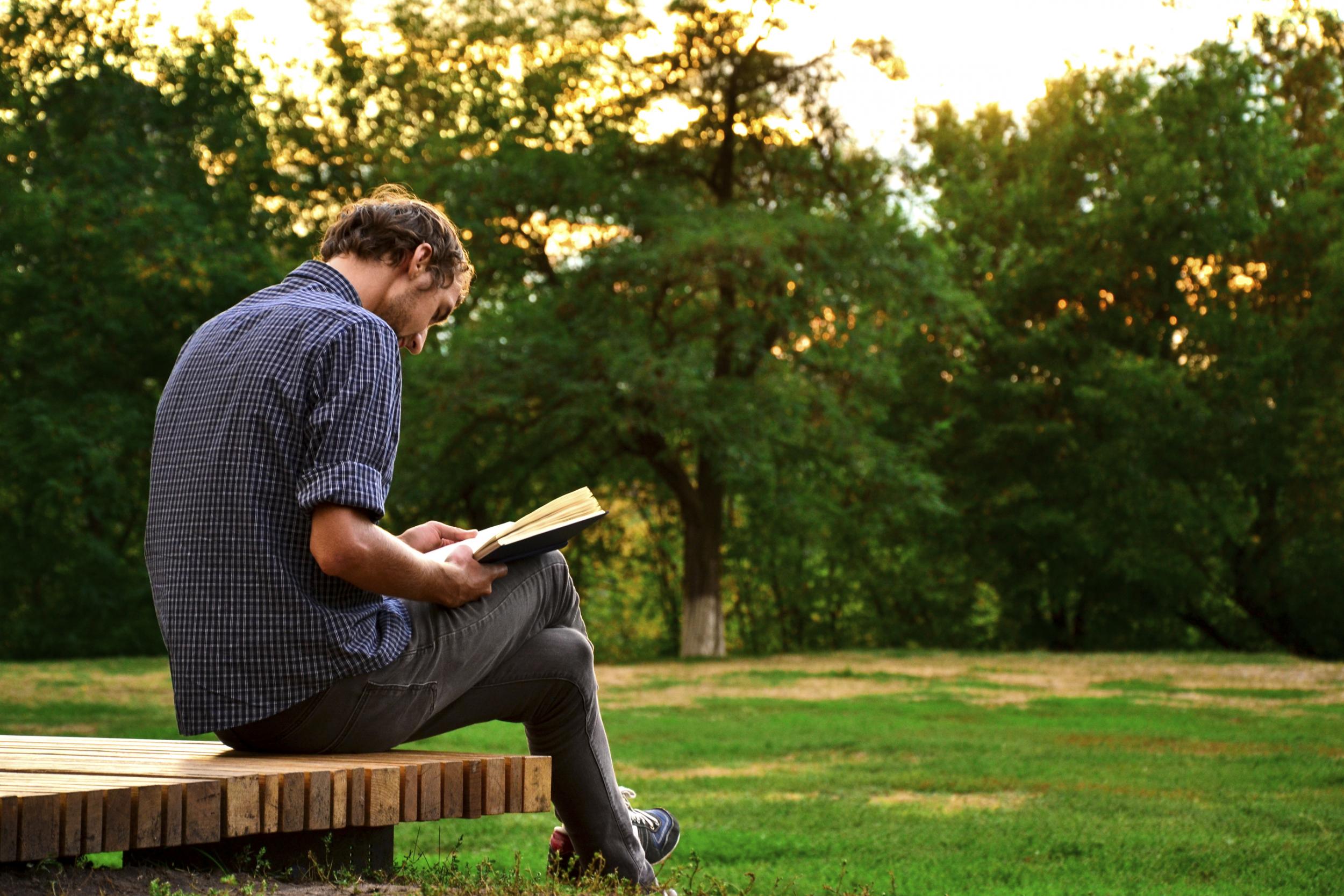 A man sits on a bench in a park reading a book with trees in the background.