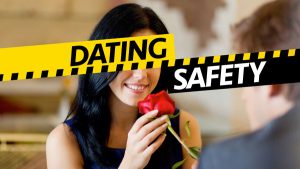 A photo of a woman on an online date with a yellow and black striped banner over her face with the words 'dating safety' on it.