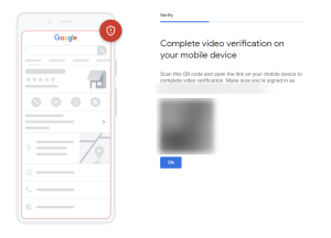 A screenshot of a Google search results page with the query 'Reverse image search for profile verification'. The page shows a form to scan a QR code with a mobile device to complete video verification.