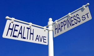 A street sign points in two directions, one says 'Health Ave' and the other 'Happiness St', illustrating the search query 'Mental health and happiness habits infographic'.