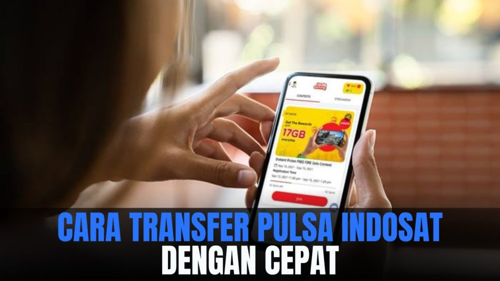 A woman is using the MyIM3 app on her phone to transfer Indosat credit.