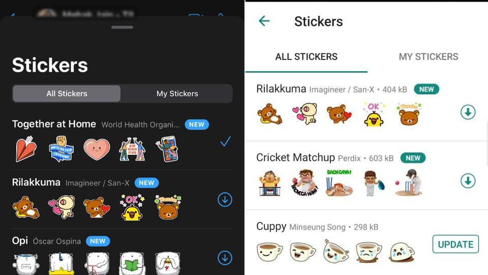 A screenshot of the WhatsApp sticker gallery, showing a list of sticker packs, with a focus on the 'Together at Home' sticker pack.