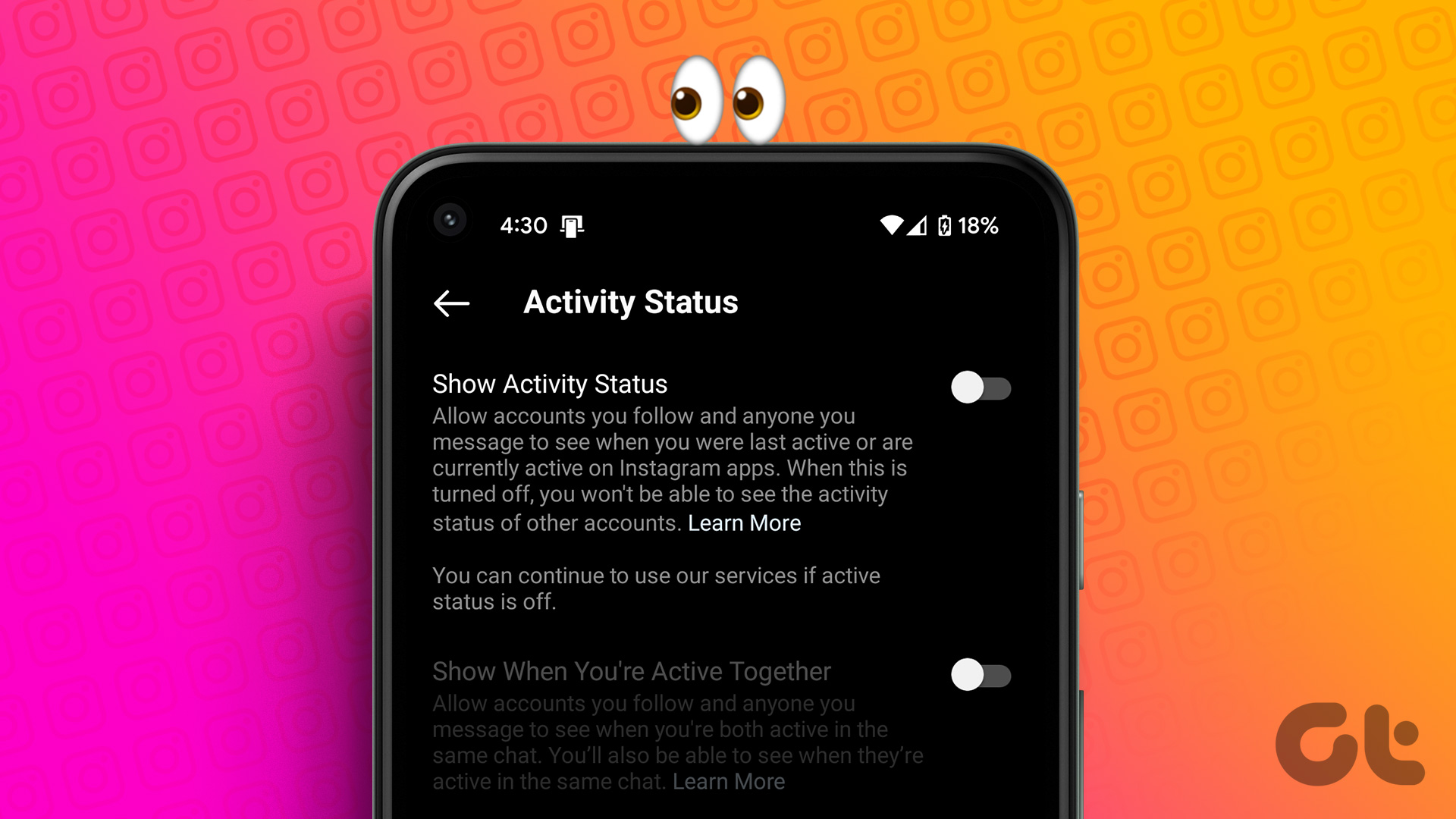 A screenshot of the 'Activity Status' settings page in the Instagram app, with the option to turn off the 'Show Activity Status' feature disabled.