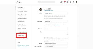The image shows the 'Login Activity' option on the Instagram app, which can be used to view a list of devices that have accessed the account.