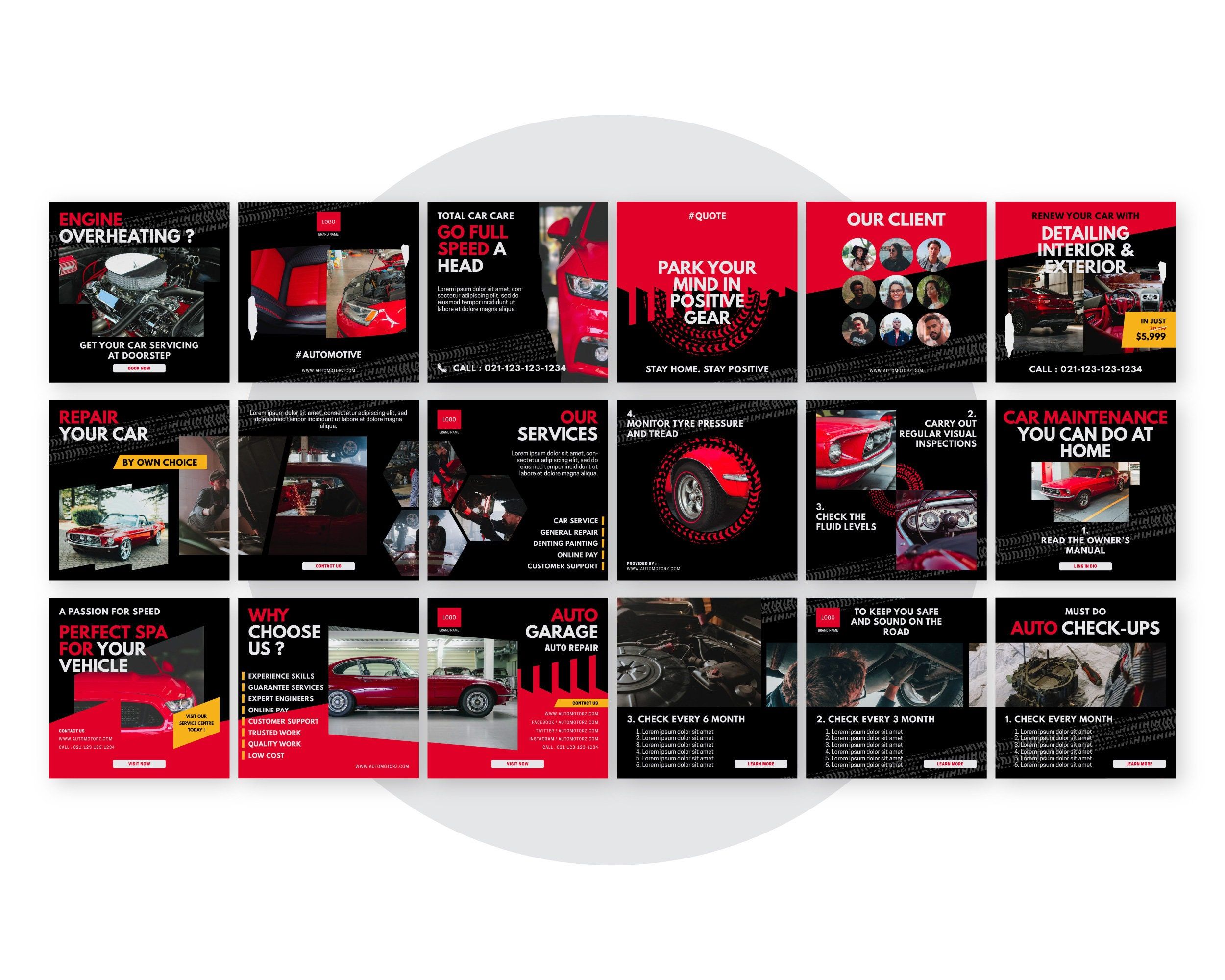 A red and black themed Instagram feed template with images of cars and auto parts, and text that reads 'How to create an appealing Instagram feed using Canva'.