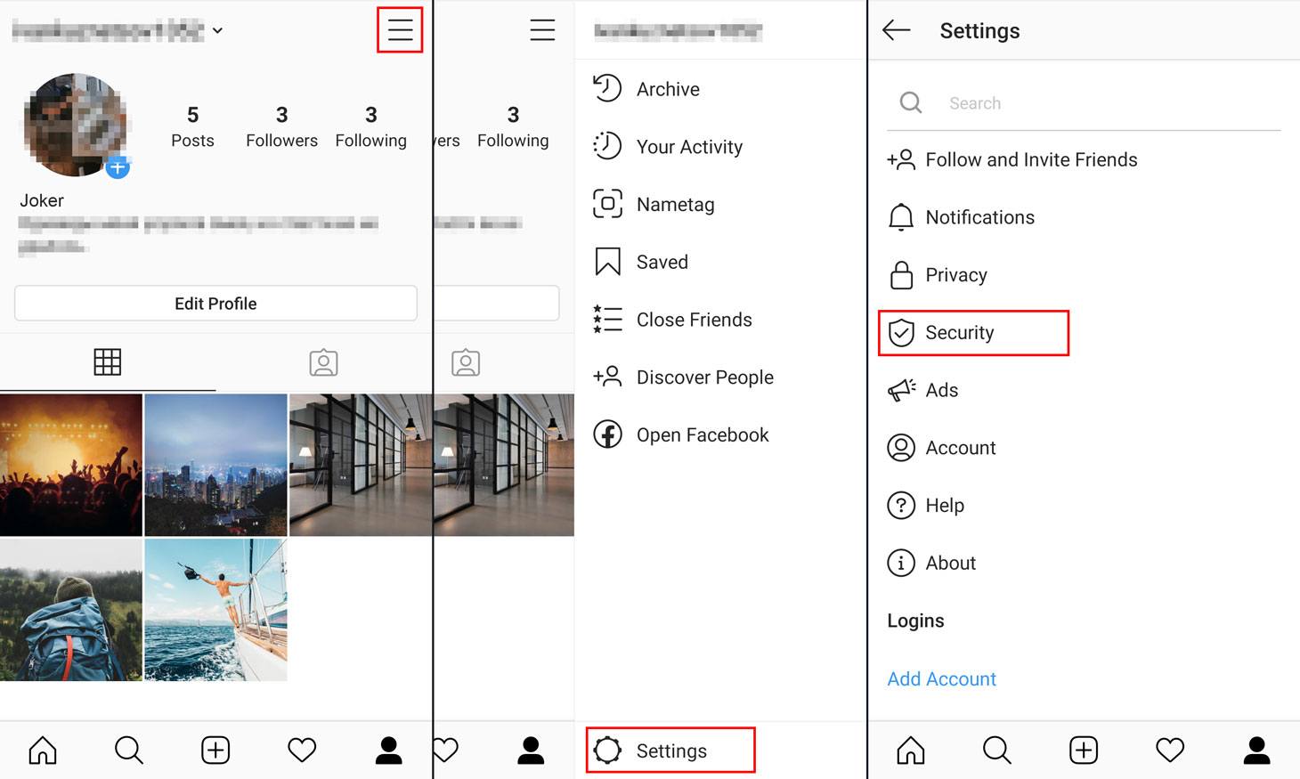 A screenshot of the Instagram app with the settings menu open and the 'Security' option highlighted, to adjust the settings for hiding posts from specific friends.