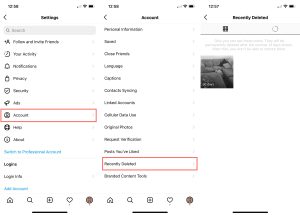 A screenshot of the Instagram app with the 'Recently Deleted' option highlighted, which can be used to view deleted Instagram stories.