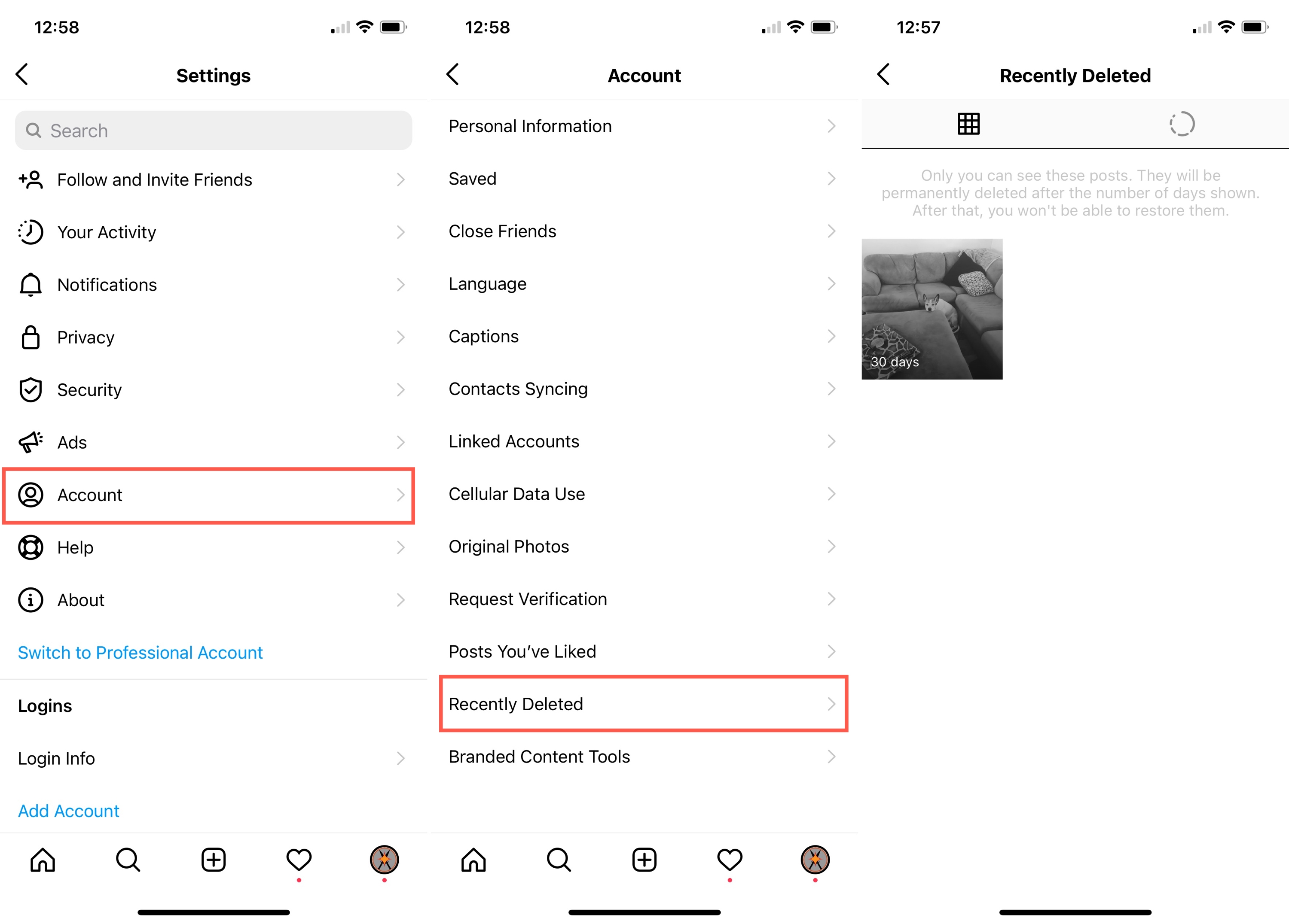 A screenshot of the Instagram app with the 'Recently Deleted' option highlighted, which can be used to view deleted Instagram stories.
