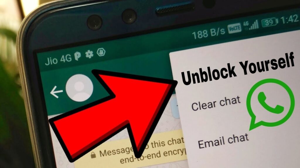 A red arrow points to the 'Unblock Yourself' option on a mobile phone screen to unblock WhatsApp status.