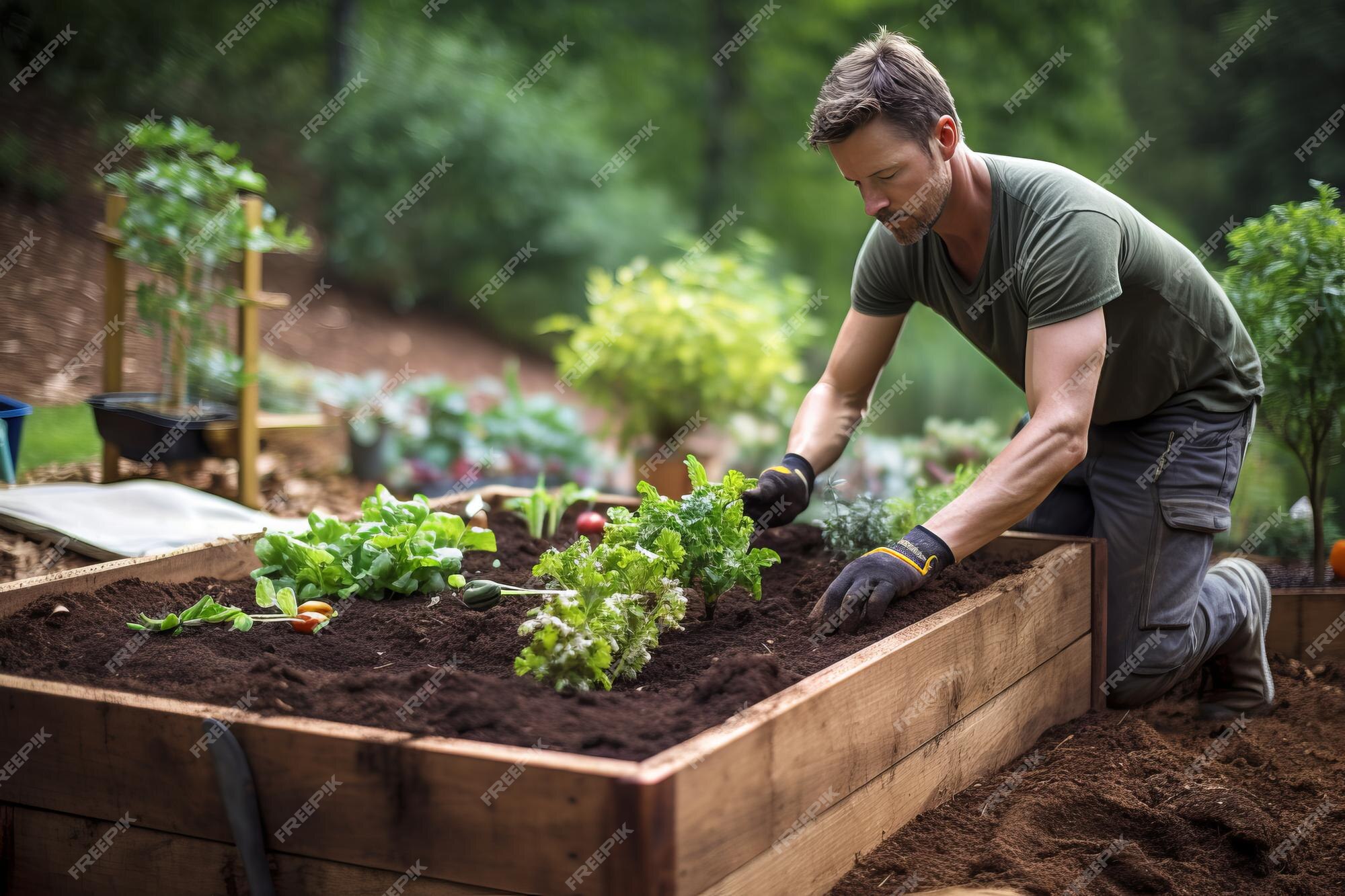 A man is planting in a raised garden bed with text overlay: 'A step-by-step guide on how to unmute muted WhatsApp statuses'.