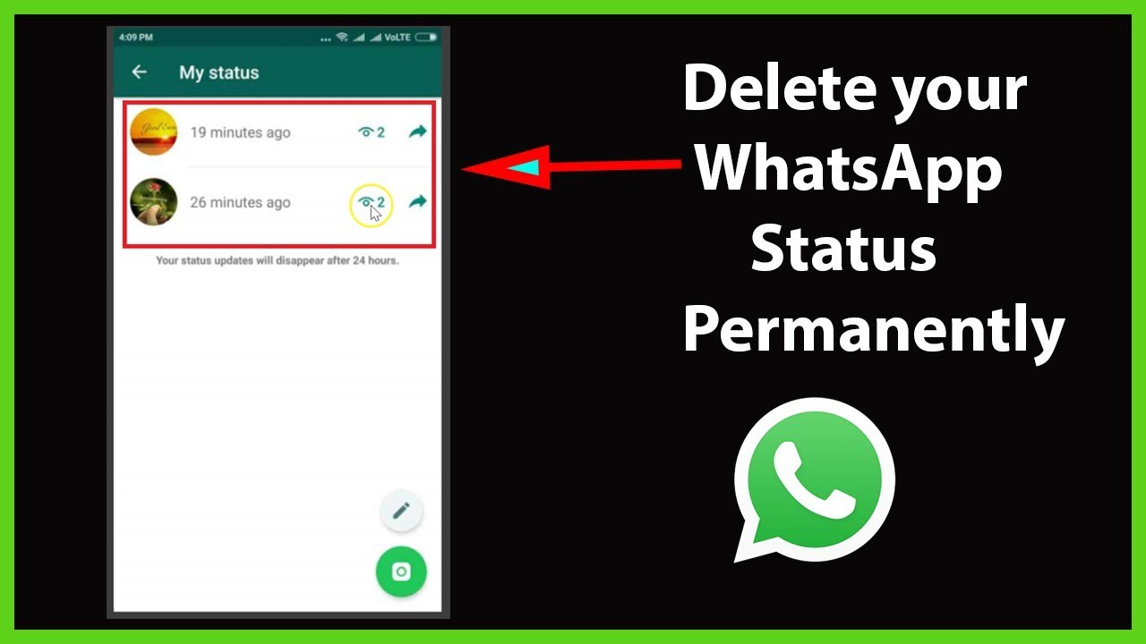 A screenshot of a WhatsApp status update with the caption "Delete your WhatsApp status permanently".