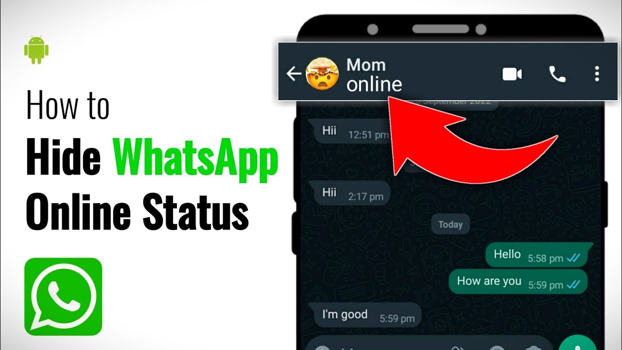 A screenshot of a WhatsApp chat with the search query 'How to hide WhatsApp online status' superimposed on it. The image shows the steps to hide online status on WhatsApp.