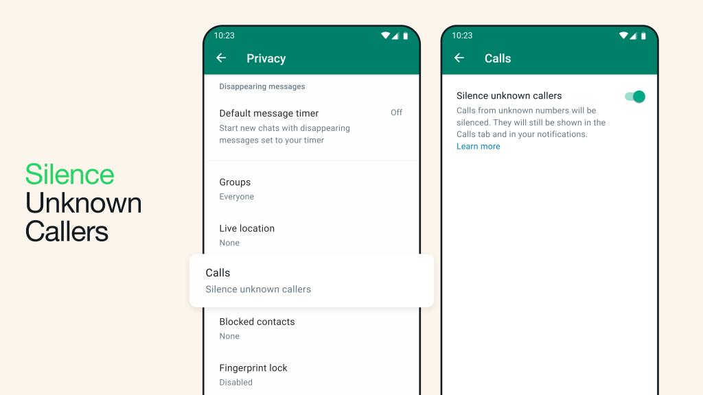 The image shows a screenshot of the privacy settings in WhatsApp, with the option to silence unknown callers enabled.