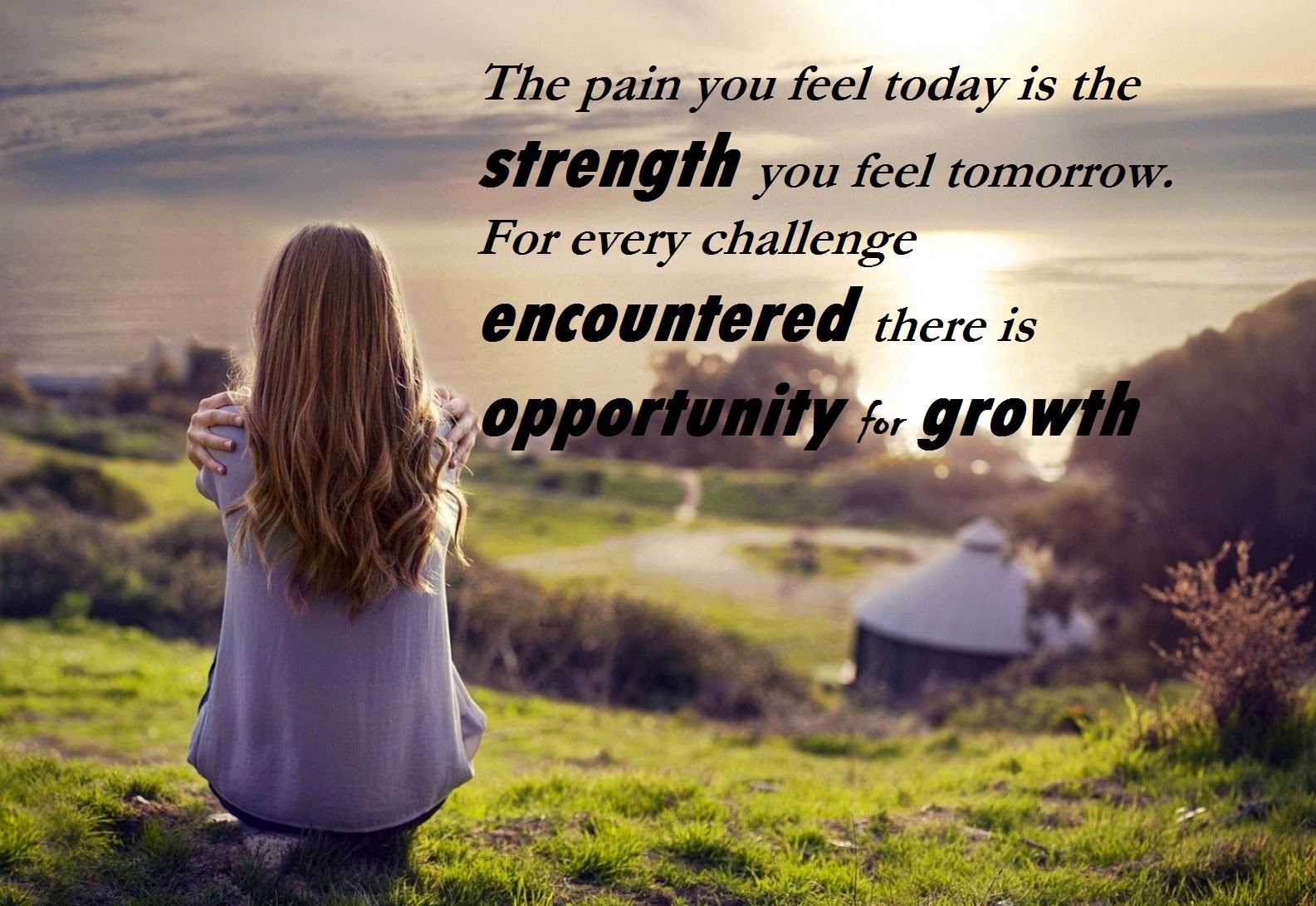A girl sitting on a hilltop with long brown hair and a purple shirt looking out at a scenic landscape with the text superimposed, "The pain you feel today is the strength you feel tomorrow. For every challenge encountered there is opportunity for growth."