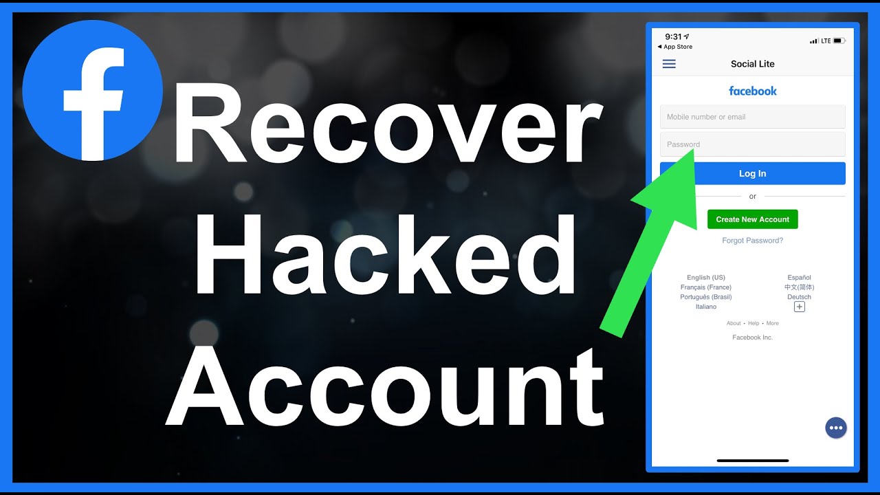 A green arrow points to a Facebook login page with the words 'Recover hacked account' above it.