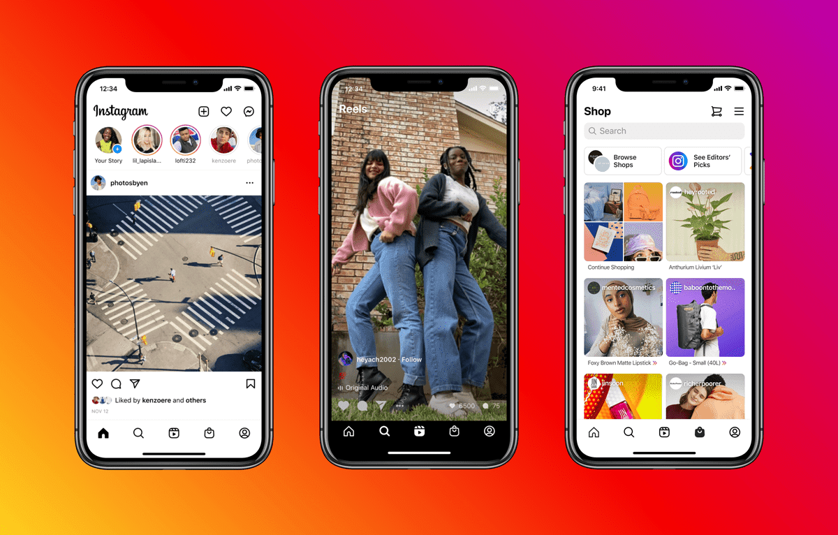 The image shows a mockup of an iPhone with the Instagram app open on three different screens: the home feed, a Reel, and the Shop tab.