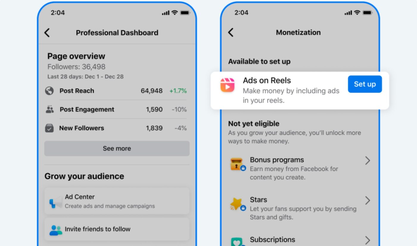 A screenshot of the Facebook app showing the 'Professional Dashboard' and 'Monetization' options for Reels.