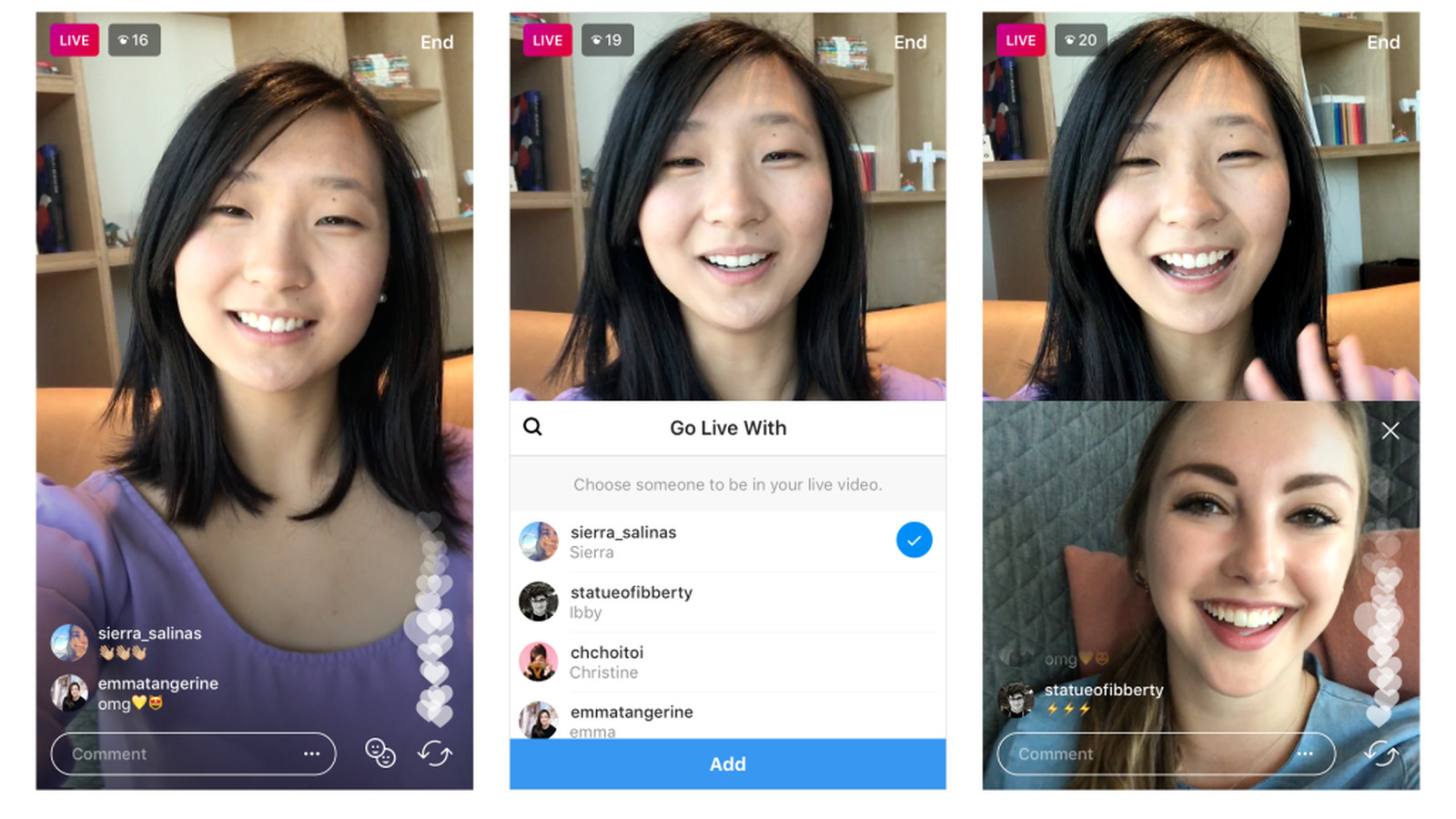 A screenshot of the Instagram app showing a live video with three people on the screen and a list of people to add to the live video.