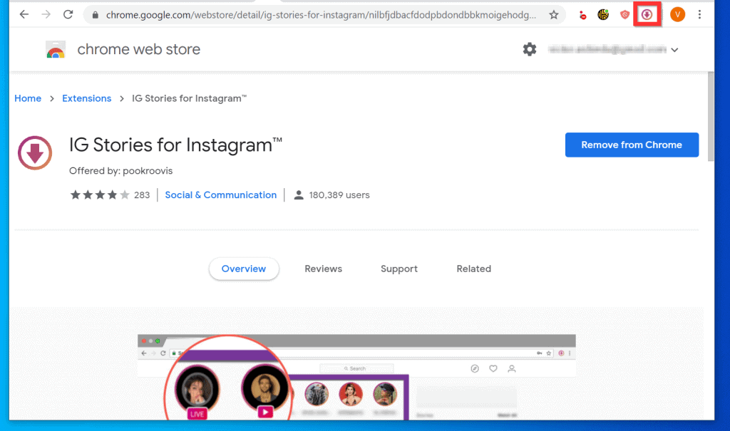 A screenshot of the Chrome Web Store page for the IG Stories for Instagram extension, which allows users to go live on Instagram using a laptop.