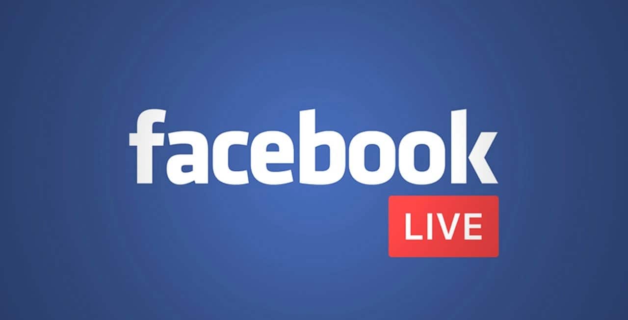 The image shows the Facebook logo with the word LIVE in a red box, indicating that the user is live streaming on Facebook.