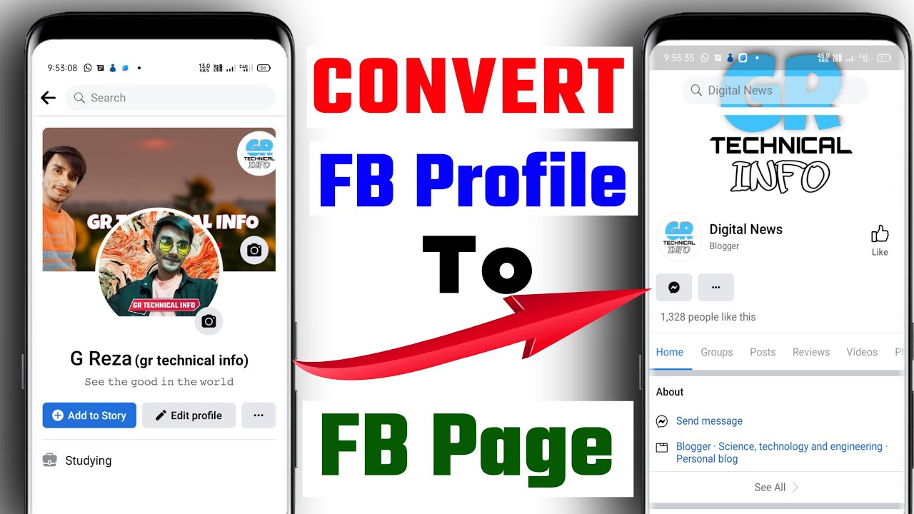 A screenshot of a phone with the Facebook app pulled up and a YouTube video playing that shows how to convert a Facebook profile to a business page.