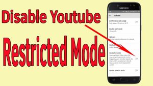 A screenshot of a Samsung phone with the Restricted Mode option highlighted in the YouTube app. The Restricted Mode setting limits the videos that can be viewed on YouTube based on age-appropriateness.