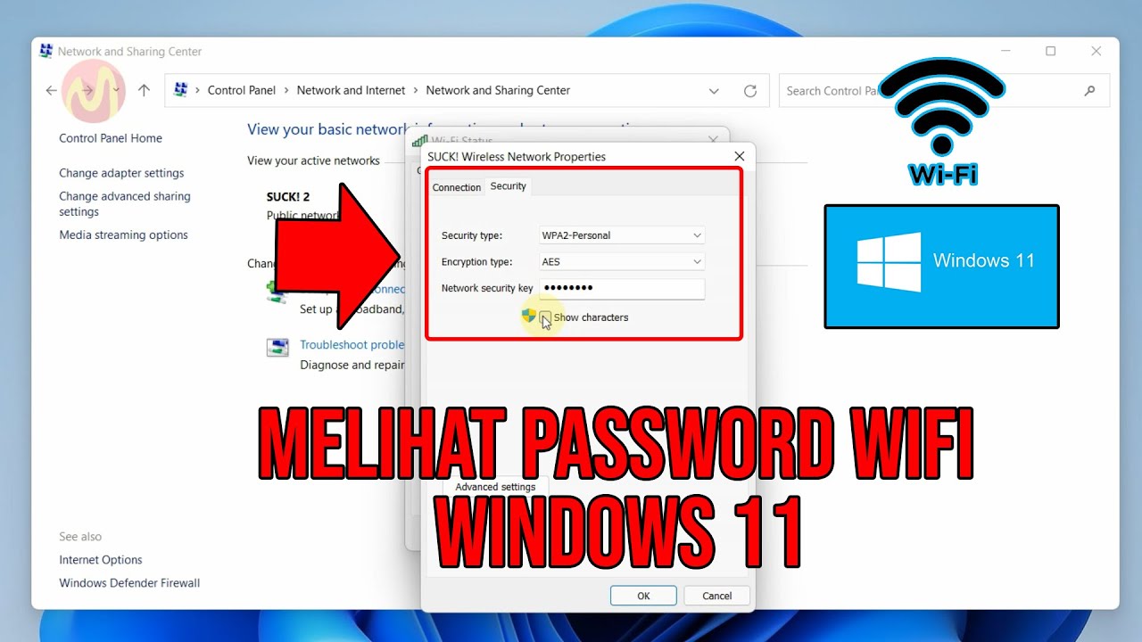 The image shows how to view the password of a connected WiFi network in Windows 11 by clicking on the 'Show characters' checkbox.