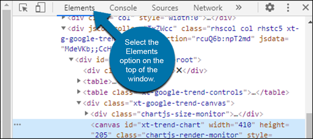 The image shows the Chrome browser's 'Elements' option selected from the 'Inspect' menu in order to inspect the elements of a website on a mobile device.