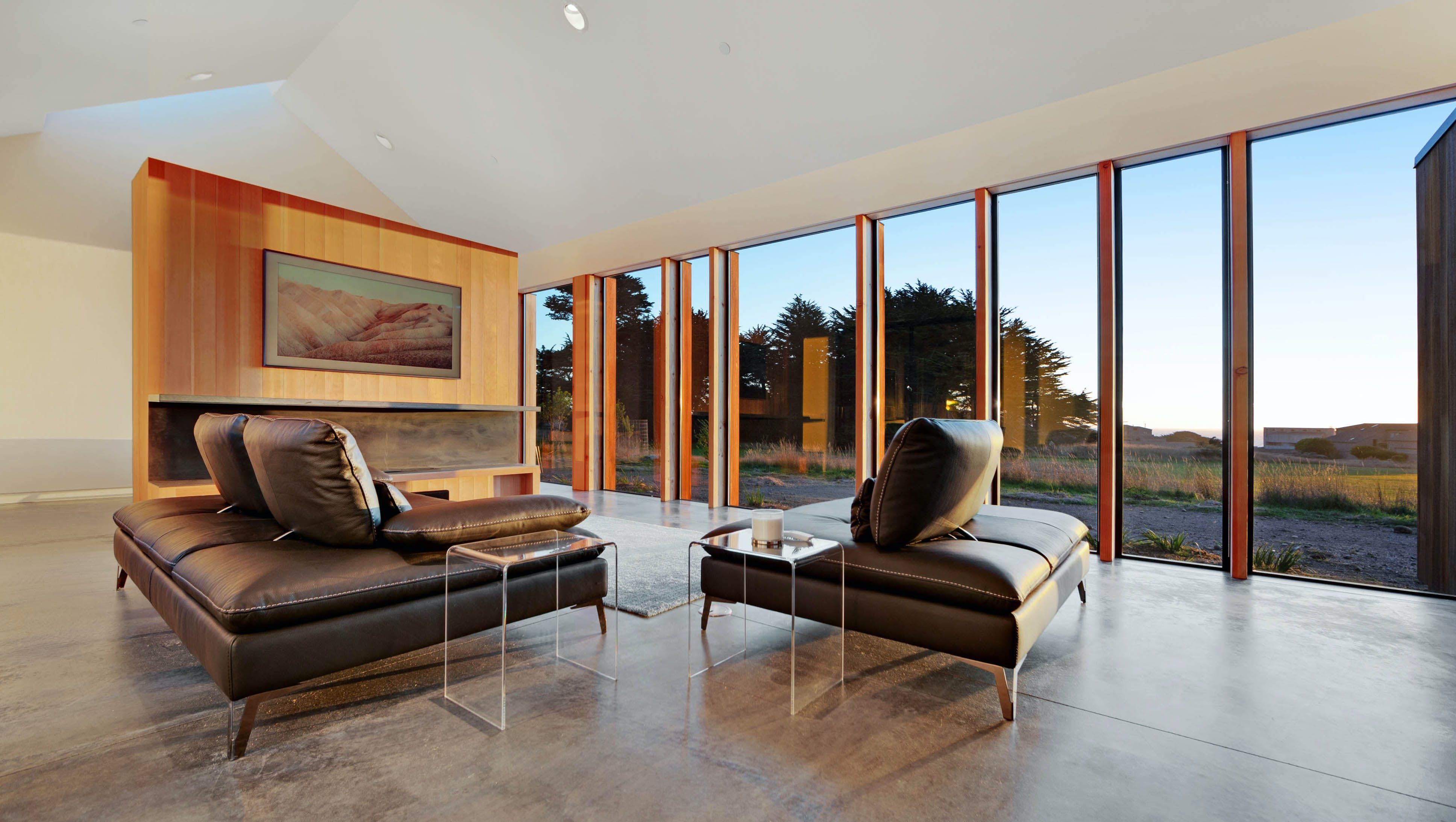 A modern living room with a large TV, fireplace, and floor-to-ceiling windows looking out onto a field at sunset, suitable as a virtual background for Zoom meetings.