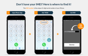 The image shows the steps to find the IMEI number of a lost phone.
