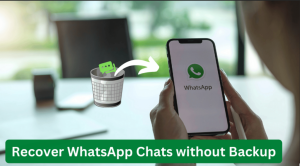 A person holding a phone with the WhatsApp logo on the screen, with a trash can icon with a WhatsApp logo on it beside it, and an arrow pointing from the trash can to the phone. The image represents the search query 'WhatsApp chat recovery without backup'.