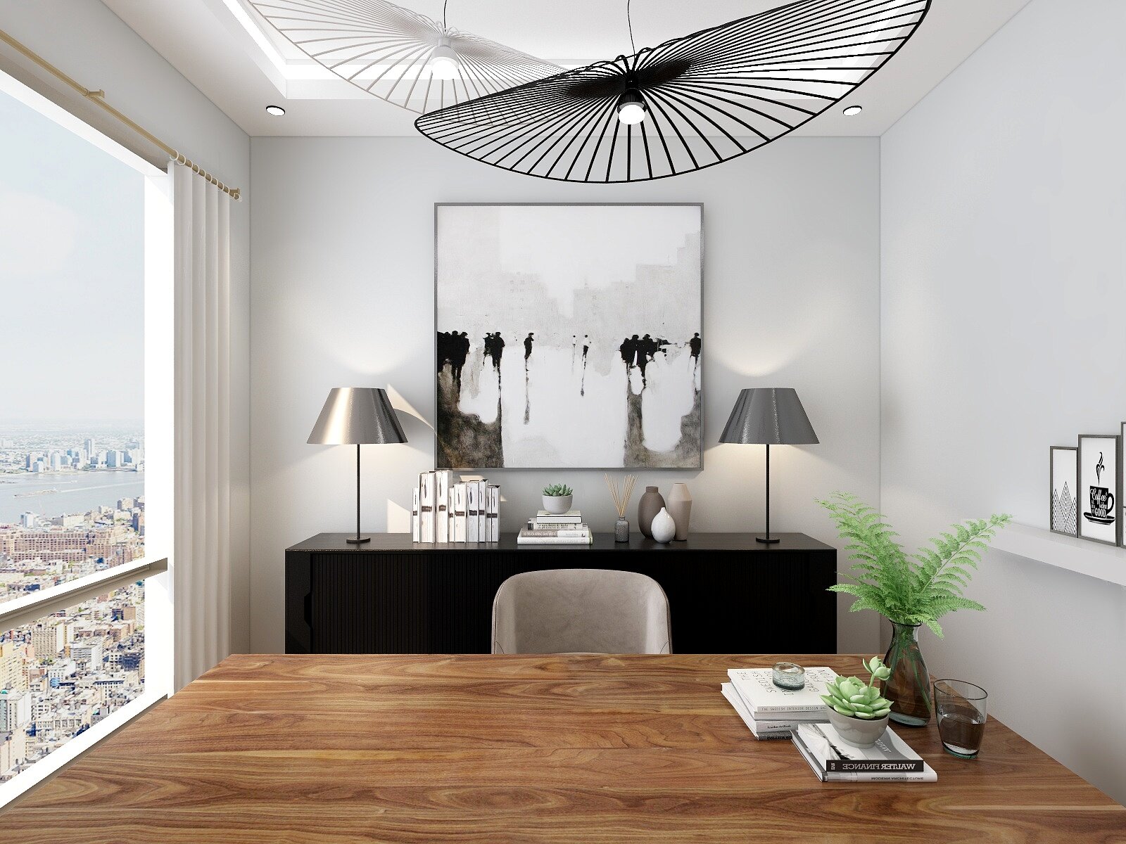 A home office with a large wooden desk, a comfortable chair, and a view of the city from the window. The room is decorated with a large painting, two stylish lamps, a plant, and some books.